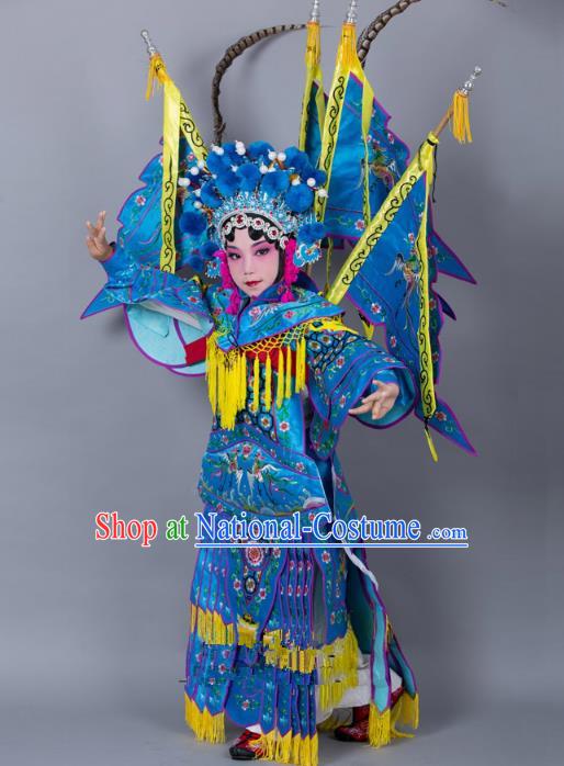 Traditional China Beijing Opera Female General Costume and Headwear Complete Set, Ancient Chinese Peking Opera Swordplay Military Officer Embroidery Blue Clothing for Kids