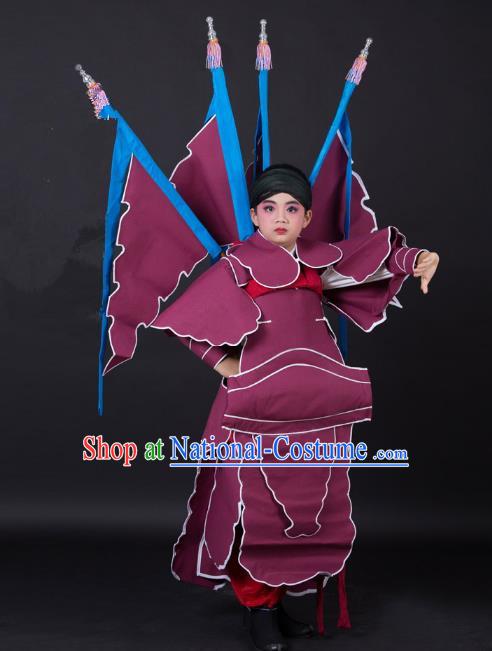 Traditional China Beijing Opera Takefu General Costume and Headwear Complete Set, Ancient Chinese Peking Opera Wu-Sheng Military Officer Clothing for Kids