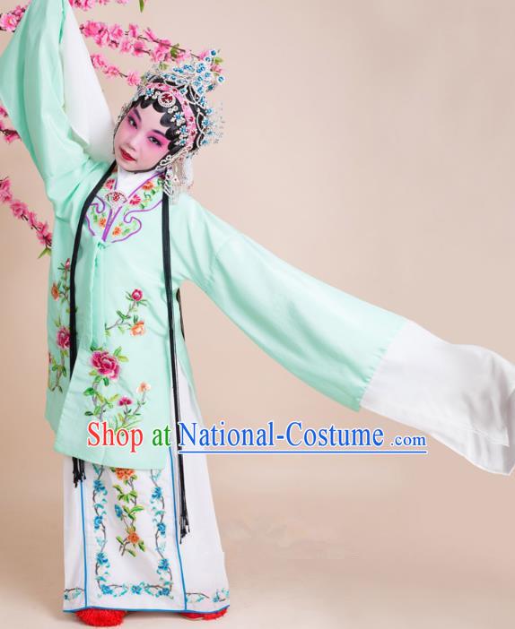 Top Grade Professional China Beijing Opera Costume Green Embroidered Cape, Ancient Chinese Peking Opera Diva Hua Tan Embroidery Dress Clothing for Kids