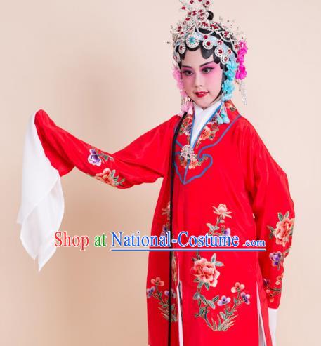 Top Grade Professional China Beijing Opera Costume Red Embroidered Cape, Ancient Chinese Peking Opera Diva Hua Tan Embroidery Dress Clothing for Kids