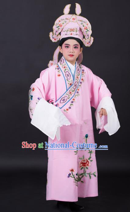 Top Grade Professional Beijing Opera Niche Costume Gifted Scholar Pink Embroidered Robe and Headwear, Traditional Ancient Chinese Peking Opera Embroidery Clothing for Kids