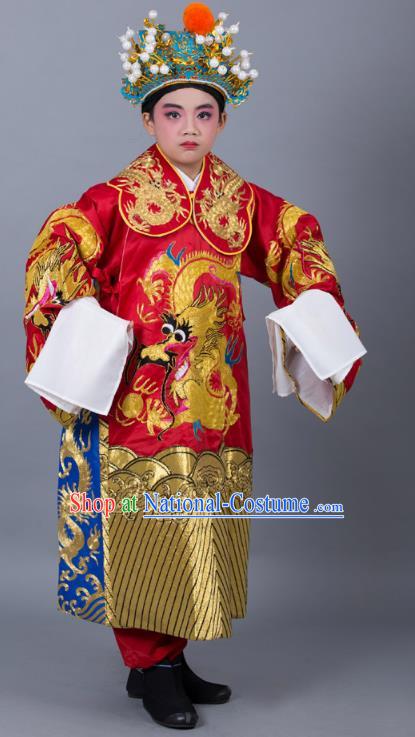 Traditional China Beijing Opera Costume Prime Minister Red Embroidered Robe and Headwear, Ancient Chinese Peking Opera Bao Zheng Embroidery Dragon Gwanbok Clothing for Kids