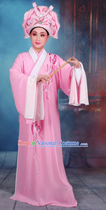 Top Grade Professional Beijing Opera Scholar Costume Niche Embroidered Pink Robe and Headwear, Traditional Ancient Chinese Peking Opera Butterfly Lovers Embroidery Clothing