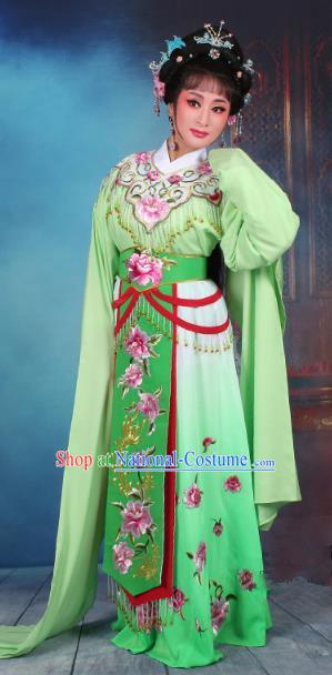 Top Grade Professional Beijing Opera Diva Costume Hua Tan Green Embroidered Dress, Traditional Ancient Chinese Peking Opera Princess Embroidery Peony Clothing