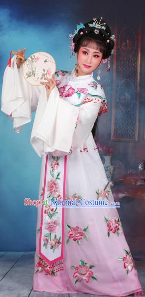 Top Grade Professional Beijing Opera Diva Costume Palace Lady Water Sleeve Pink Embroidered Dress, Traditional Ancient Chinese Peking Opera Princess Embroidery Peony Clothing