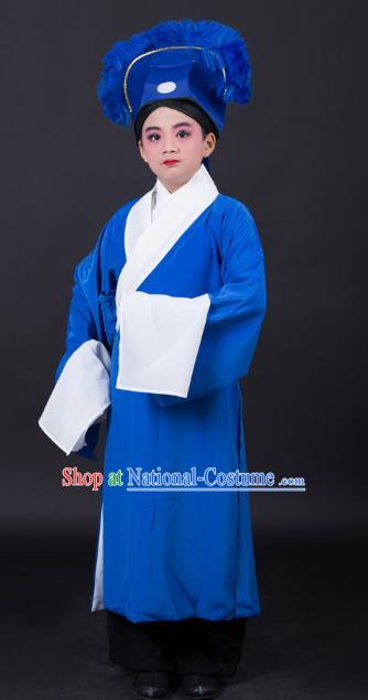 Top Grade Professional Beijing Opera Niche Costume Scholar Blue Robe and Headwear, Traditional Ancient Chinese Peking Opera Embroidery Clothing for Kids