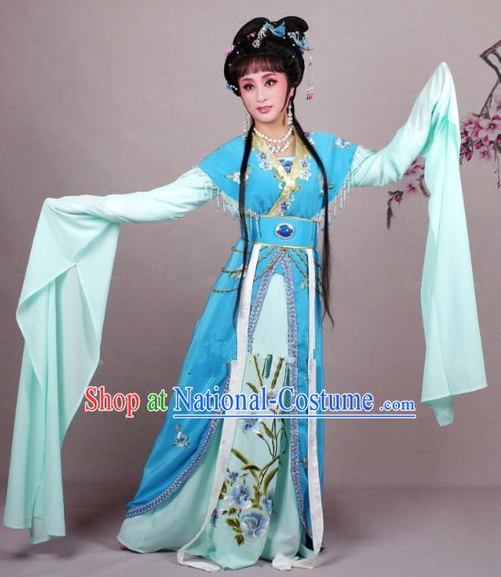 Top Grade Professional Beijing Opera Diva Costume Blue Embroidered Clothing, Traditional Ancient Chinese Peking Opera Hua Tan Princess Embroidery Dress