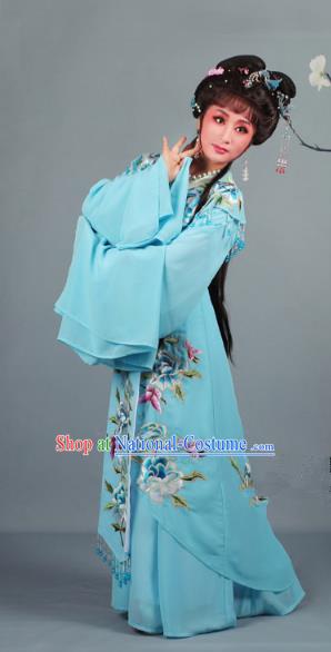 Top Grade Professional Beijing Opera Diva Ancient Costume Blue Embroidered Clothing, Traditional Chinese Peking Opera Hua Tan Princess Embroidery Dress