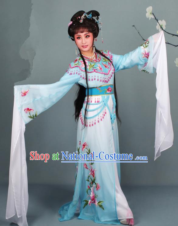 Top Grade Professional Beijing Opera Diva Costume Hua Tan Blue Embroidered Clothing, Traditional Ancient Chinese Peking Opera Princess Embroidery Dress