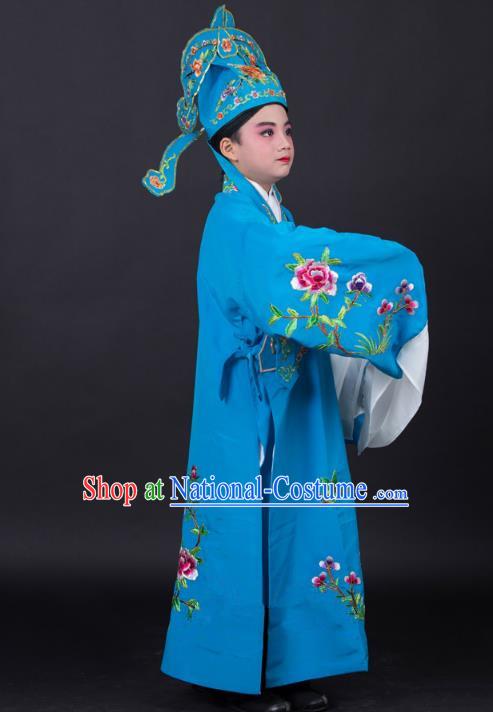 Top Grade Professional Beijing Opera Niche Costume Gifted Scholar Blue Embroidered Robe and Headwear, Traditional Ancient Chinese Peking Opera Embroidery Clothing for Kids