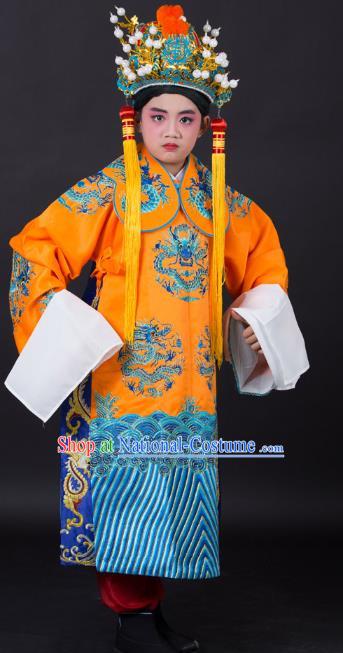 Traditional China Beijing Opera Costume Emperor Embroidered Yellow Robe and Headwear, Ancient Chinese Peking Opera Embroidery Dragon Gwanbok Clothing for Kids