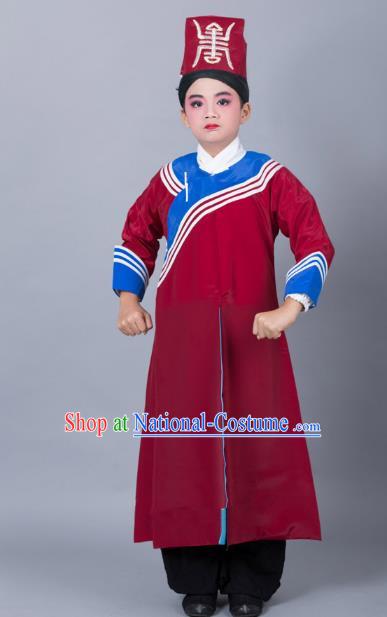 Top Grade Professional Beijing Opera Niche Costume Government Runners Red Robe and Headwear, Traditional Ancient Chinese Peking Opera Takefu Clothing for Kids