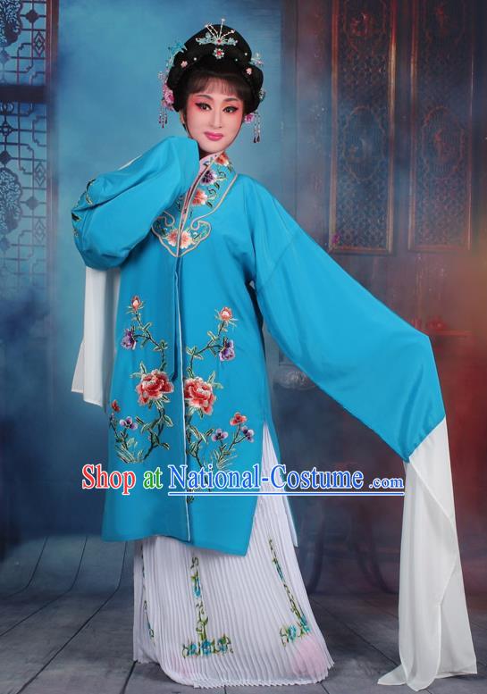 Top Grade Professional Beijing Opera Palace Lady Costume Hua Tan Blue Embroidered Cape Dress, Traditional Ancient Chinese Peking Opera Diva Embroidery Clothing