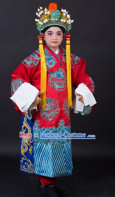 Traditional China Beijing Opera Costume Emperor Embroidered Robe and Headwear, Ancient Chinese Peking Opera Embroidery Dragon Gwanbok Clothing for Kids