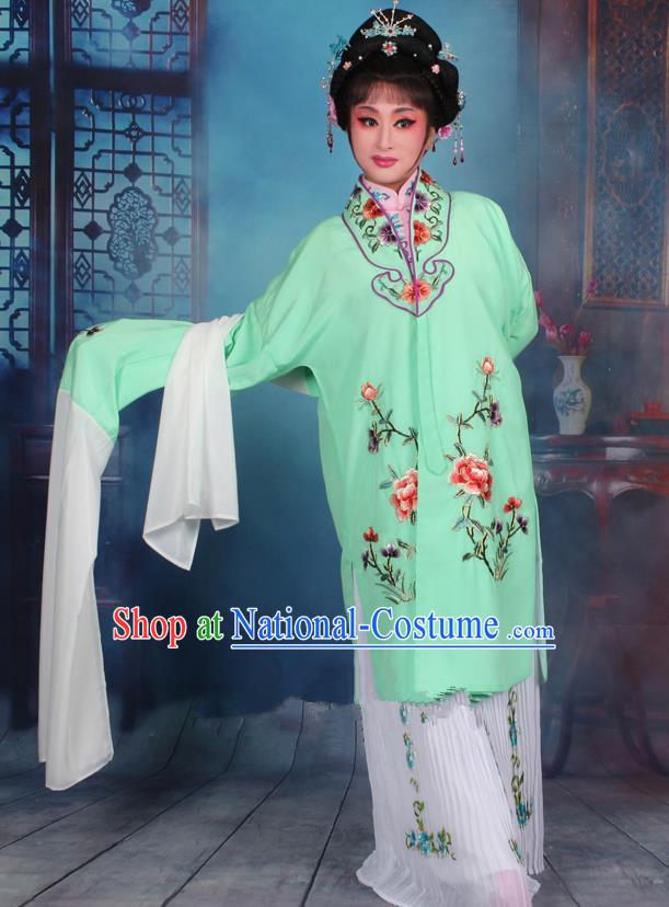 Top Grade Professional Beijing Opera Palace Lady Costume Hua Tan Green Embroidered Cape Dress, Traditional Ancient Chinese Peking Opera Diva Embroidery Clothing