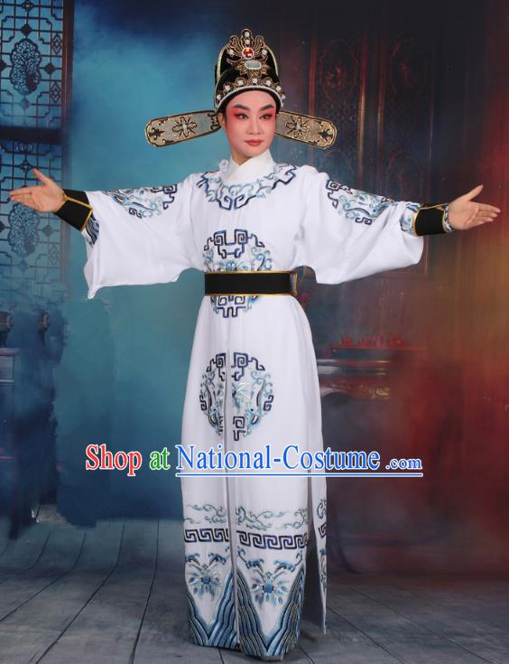 Top Grade Professional Beijing Opera Niche Costume General White Embroidered Robe and Headwear, Traditional Ancient Chinese Peking Opera Takefu Clothing