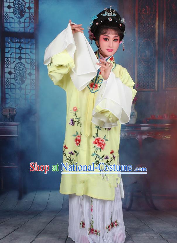 Top Grade Professional Beijing Opera Palace Lady Costume Hua Tan Yellow Embroidered Cape Dress, Traditional Ancient Chinese Peking Opera Diva Embroidery Clothing