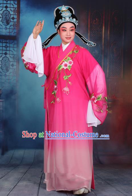 Top Grade Professional Beijing Opera Gifted Scholar Costume Niche Embroidered Rosy Robe and Headwear, Traditional Ancient Chinese Peking Opera Embroidery Clothing