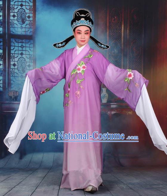 Top Grade Professional Beijing Opera Gifted Scholar Costume Niche Embroidered Purple Robe and Headwear, Traditional Ancient Chinese Peking Opera Embroidery Clothing