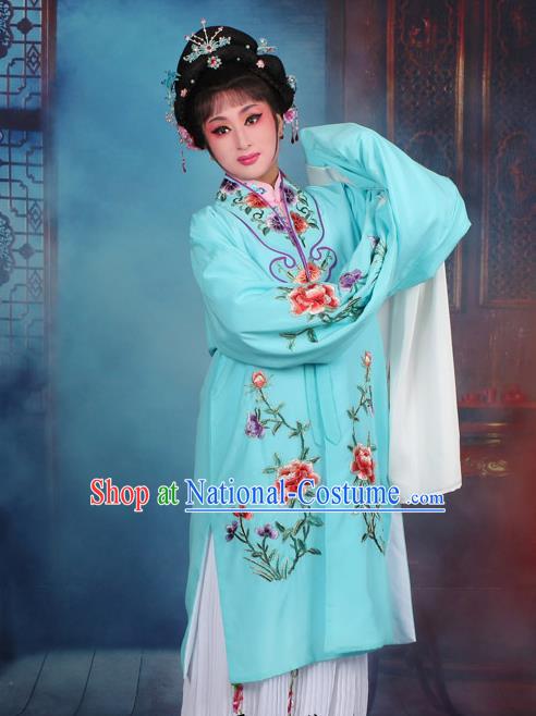 Top Grade Professional Beijing Opera Palace Lady Costume Hua Tan Light Blue Embroidered Cape Dress, Traditional Ancient Chinese Peking Opera Diva Embroidery Clothing