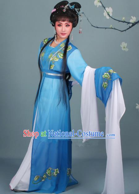 Top Grade Professional Beijing Opera Diva Costume Hua Tan Water Sleeve Embroidered Blue Dress, Traditional Ancient Chinese Peking Opera Princess Embroidery Clothing