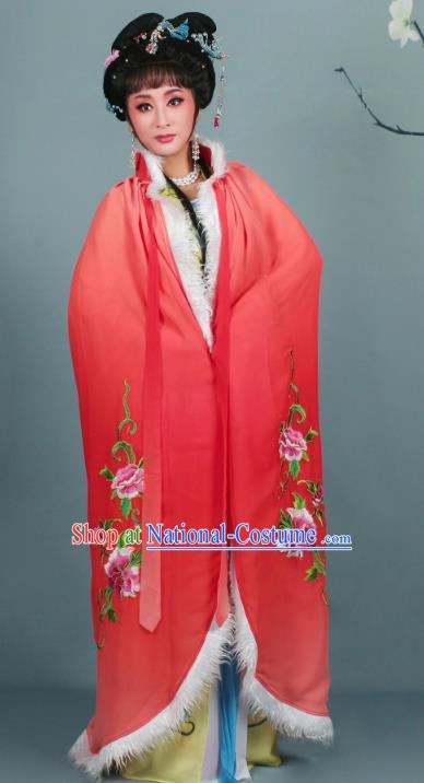 Top Grade Professional Beijing Opera Diva Costume Rosy Embroidered Cloak, Traditional Ancient Chinese Peking Opera Hua Tan Princess Embroidery Mantle