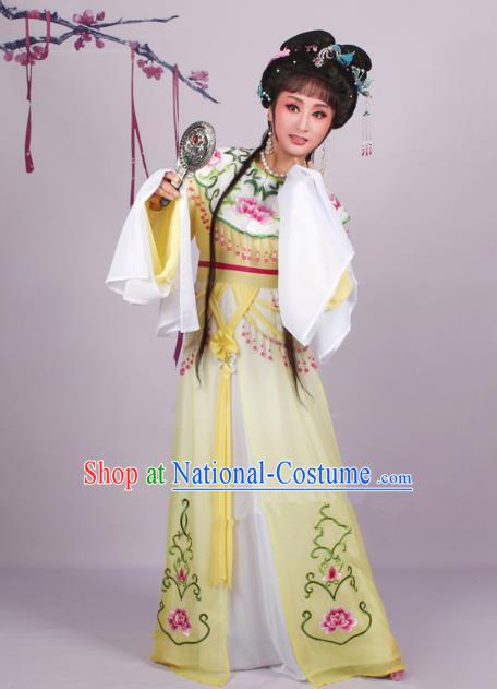 Top Grade Professional Beijing Opera Diva Costume Yellow Embroidered Dress, Traditional Ancient Chinese Peking Opera Hua Tan Princess Embroidery Clothing