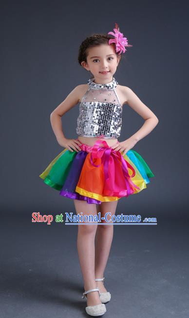 Top Grade Chinese Compere Professional Performance Catwalks Costume, Children Jazz Dance Paillette Dress Modern Dance Clothing for Girls Kids