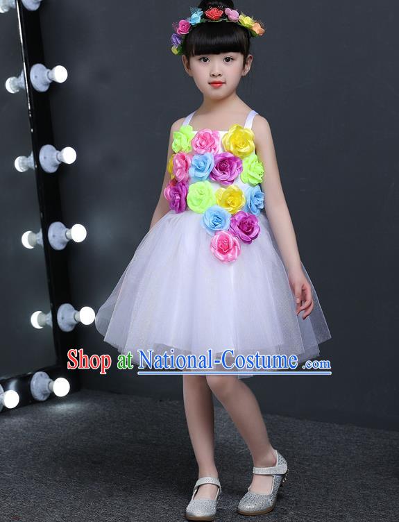 Top Grade Chinese Professional Performance Catwalks Costume, Children Princess Flowers White Veil Dress Modern Dance Clothing for Girls Kids