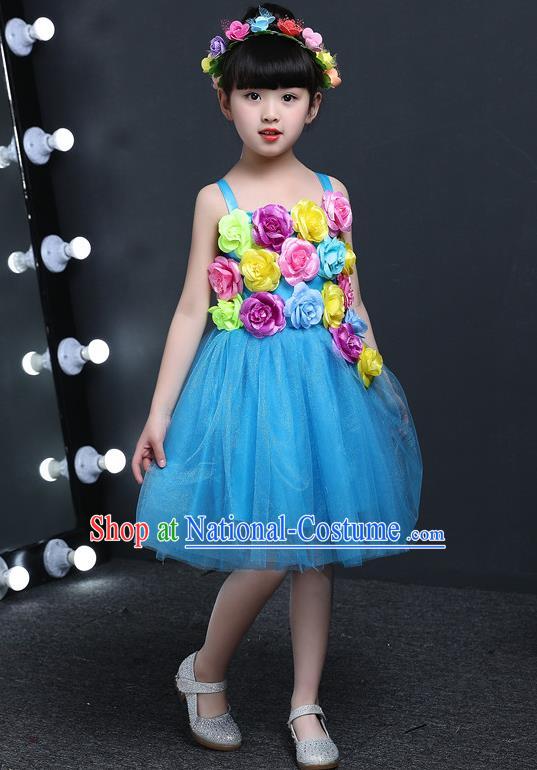 Top Grade Chinese Professional Performance Catwalks Costume, Children Princess Flowers Blue Veil Dress Modern Dance Clothing for Girls Kids