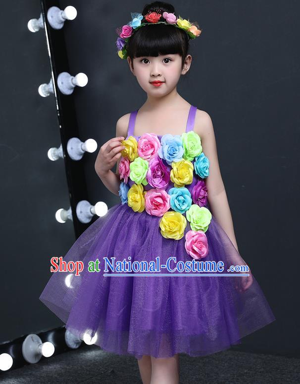 Top Grade Chinese Professional Performance Catwalks Costume, Children Princess Flowers Purple Veil Dress Modern Dance Clothing for Girls Kids