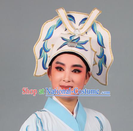 Top Grade Beijing Opera Niche Gifted Scholar Embroidered Blue Hat, Traditional Ancient Chinese Peking Opera Young Men Headwear