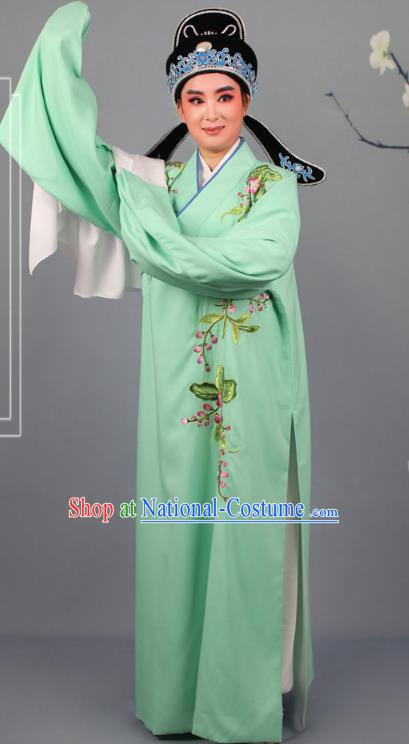 Top Grade Professional Beijing Opera Niche Costume Gifted Scholar Green Embroidered Robe and Headwear, Traditional Ancient Chinese Peking Opera Embroidery Peach Blossom Clothing