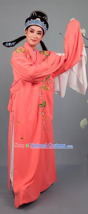 Top Grade Professional Beijing Opera Niche Costume Gifted Scholar Orange Embroidered Robe and Headwear, Traditional Ancient Chinese Peking Opera Embroidery Peach Blossom Clothing