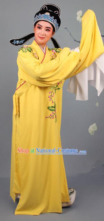 Top Grade Professional Beijing Opera Niche Costume Gifted Scholar Yellow Embroidered Robe and Headwear, Traditional Ancient Chinese Peking Opera Embroidery Peach Blossom Clothing