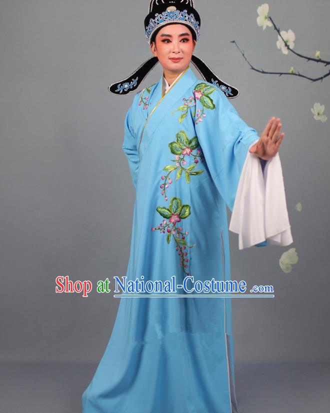 Top Grade Professional Beijing Opera Niche Costume Gifted Scholar Blue Embroidered Robe and Headwear, Traditional Ancient Chinese Peking Opera Embroidery Peach Blossom Clothing