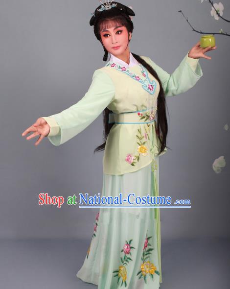 Top Grade Professional Beijing Opera Young Lady Costume Green Embroidered Dress, Traditional Ancient Chinese Peking Opera Maidservants Embroidery Clothing