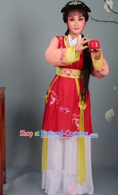 Top Grade Professional Beijing Opera Young Lady Costume Red Hua Tan Embroidered Dress, Traditional Ancient Chinese Peking Opera Maidservants Embroidery Clothing