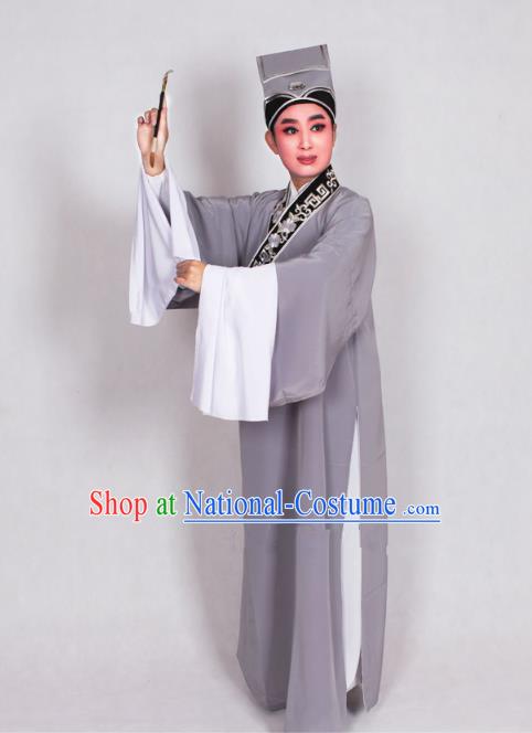 Top Grade Professional Beijing Opera Niche Costume Scholar Grey Robe Priest Frock, Traditional Ancient Chinese Peking Opera Young Men Embroidery Clothing