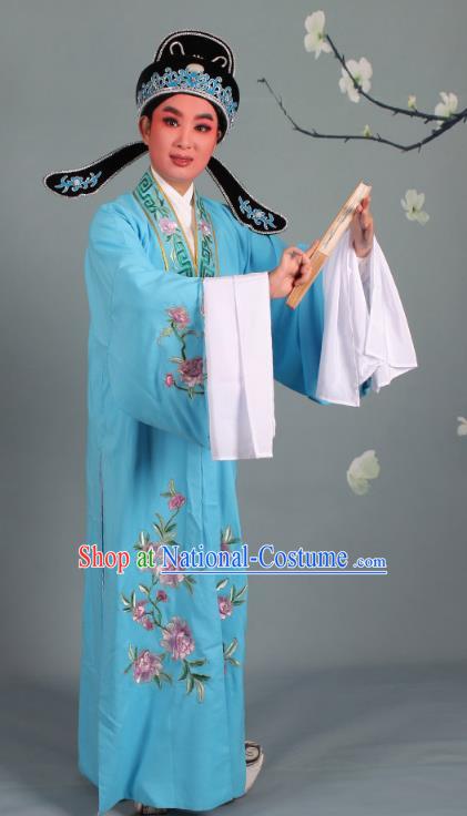 Top Grade Professional Beijing Opera Niche Costume Scholar Deep Blue Embroidered Robe and Shoes, Traditional Ancient Chinese Peking Opera Young Men Embroidery Peony Cape Clothing