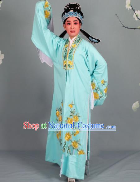 Top Grade Professional Beijing Opera Niche Costume Scholar Green Embroidered Robe and Shoes, Traditional Ancient Chinese Peking Opera Young Men Embroidery Peony Cape Clothing