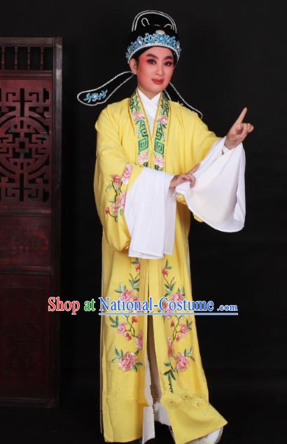 Top Grade Professional Beijing Opera Niche Costume Scholar Yellow Embroidered Robe and Shoes, Traditional Ancient Chinese Peking Opera Young Men Embroidery Peony Cape Clothing