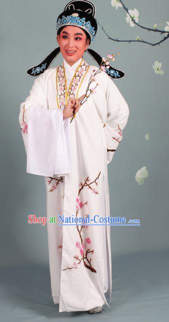 Top Grade Professional Beijing Opera Niche Costume Scholar White Embroidered Robe and Shoes, Traditional Ancient Chinese Peking Opera Young Men Embroidery Plum Blossom Cape Clothing