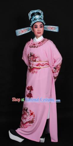 Top Grade Professional Beijing Opera Niche Costume Lang Scholar Pink Embroidered Robe and Hat, Traditional Ancient Chinese Peking Opera Young Men Embroidery Dragons Clothing