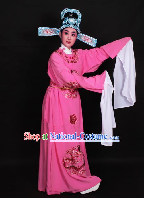 Top Grade Professional Beijing Opera Niche Costume Lang Scholar Deep Pink Embroidered Robe and Hat, Traditional Ancient Chinese Peking Opera Young Men Embroidery Dragons Clothing