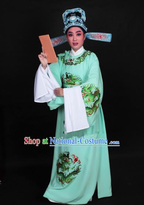 Top Grade Professional Beijing Opera Niche Costume Lang Scholar Green Embroidered Robe and Hat, Traditional Ancient Chinese Peking Opera Young Men Embroidery Dragons Clothing