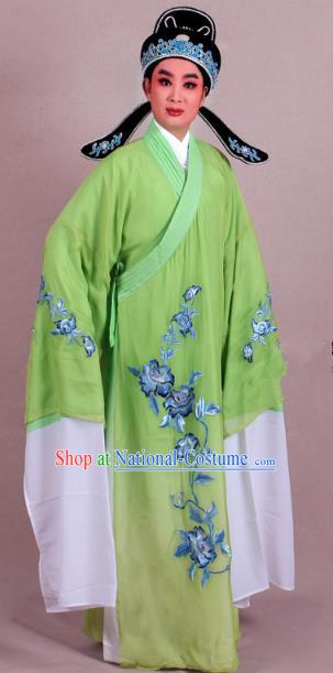 Top Grade Professional Beijing Opera Niche Costume Scholar Green Double-deck Embroidered Robe and Hat, Traditional Ancient Chinese Peking Opera Young Men Embroidery Clothing