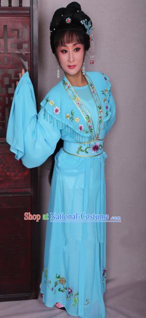 Top Grade Professional Beijing Opera Hua Tan Costume Blue Embroidered Dress, Traditional Ancient Chinese Peking Opera Diva Embroidery Clothing