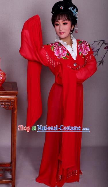 Top Grade Professional Beijing Opera Hua Tan Costume Palace Lady Red Embroidered Peony Dress, Traditional Ancient Chinese Peking Opera Diva Princess Embroidery Clothing