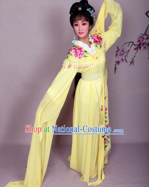 Top Grade Professional Beijing Opera Hua Tan Costume Palace Lady Yellow Embroidered Peony Dress, Traditional Ancient Chinese Peking Opera Diva Princess Embroidery Clothing